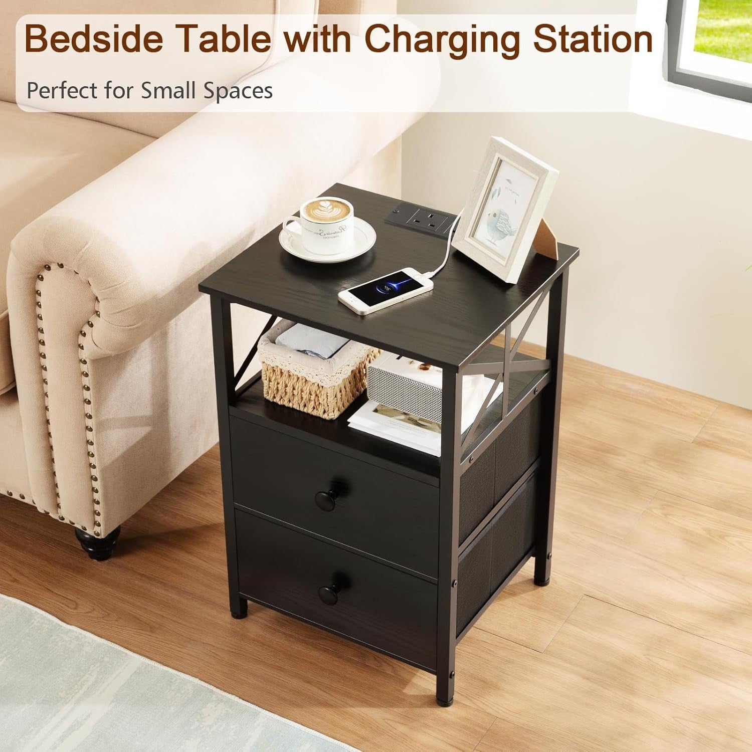 Set of 2 Black Bedside Tables with USB Charging Ports & Fabric Drawers
