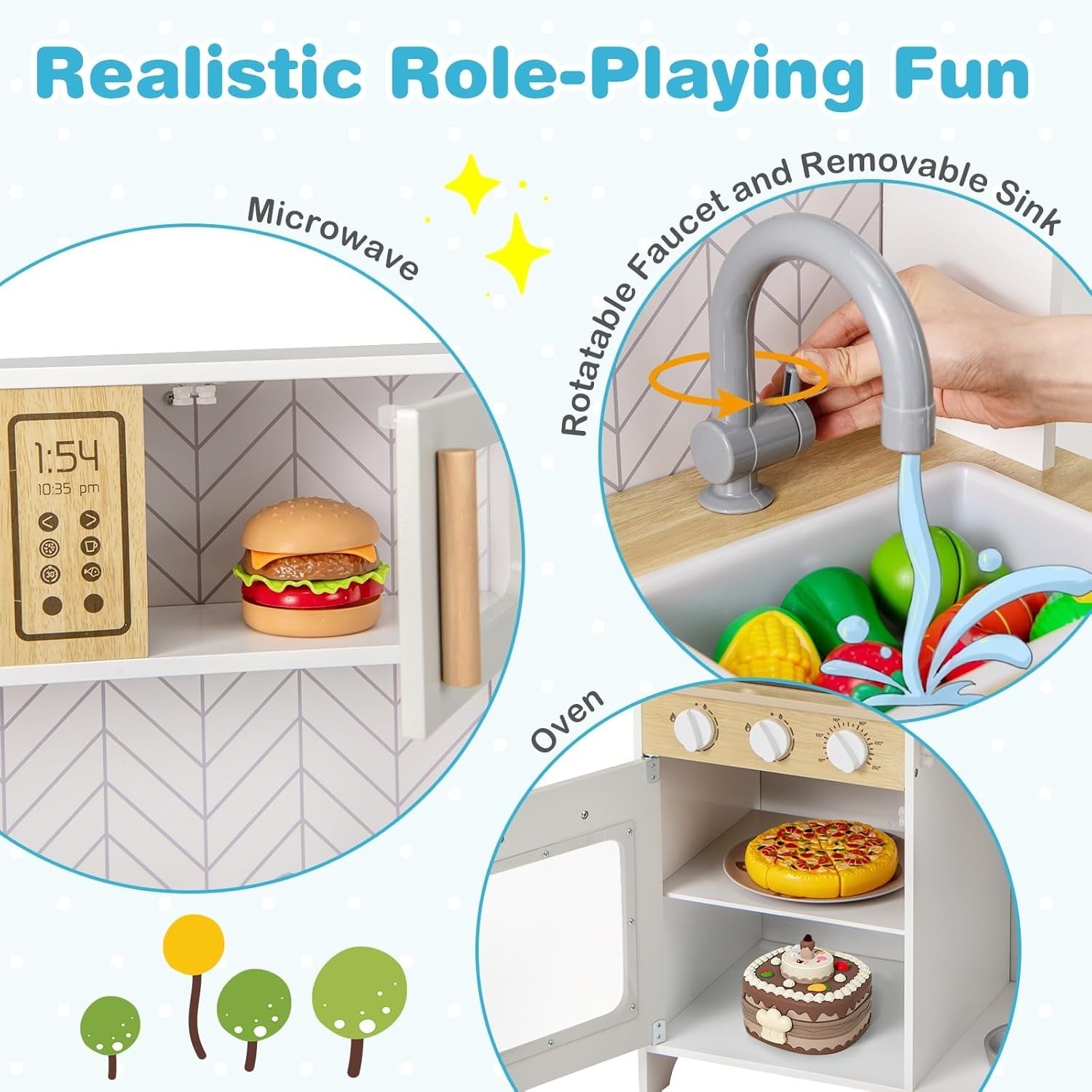 Wooden Kids Play Kitchen Lights Sounds Oven Microwave White Grey