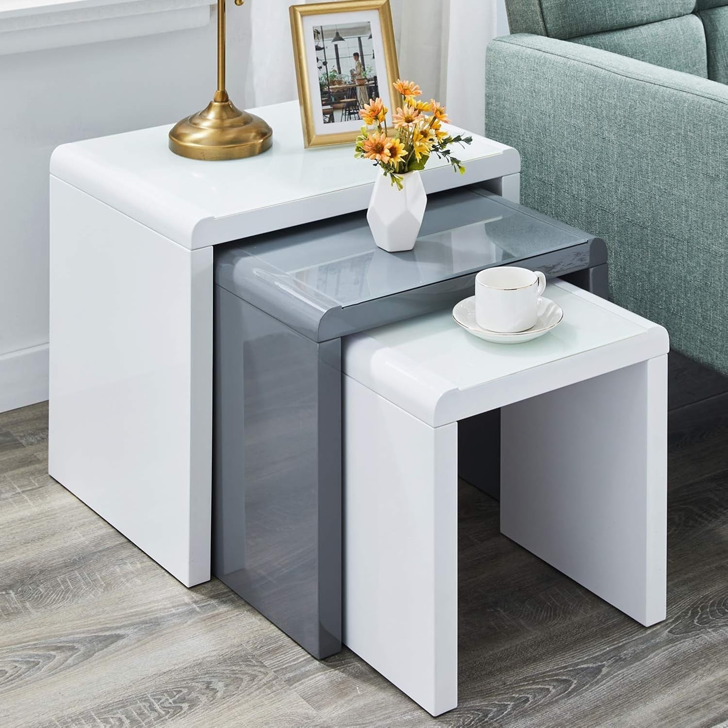 3pc High Gloss Coffee Table Set Nesting Modern Living Room Furniture Grey White