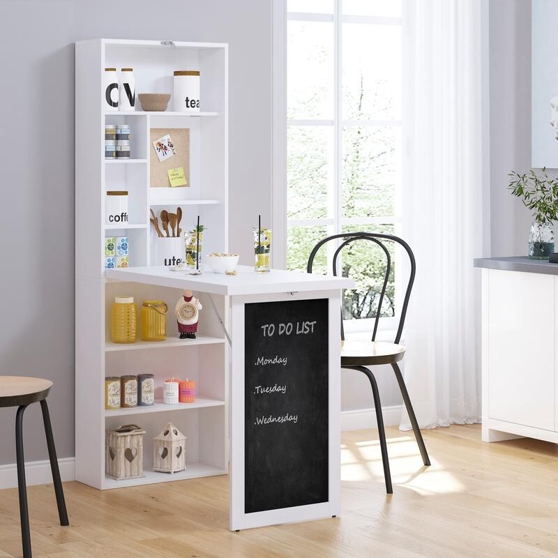 Folding Wall Desk with Shelves & Blackboard – Space Saving Home Office Unit
