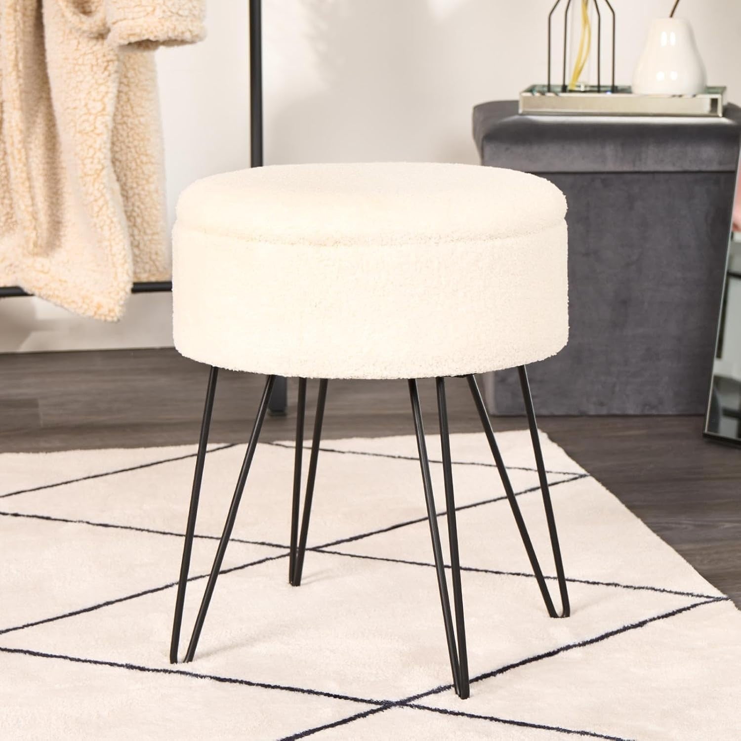 Cream Bouclé Storage Footstool Round Vanity Stool Hairpin Leg Ottoman