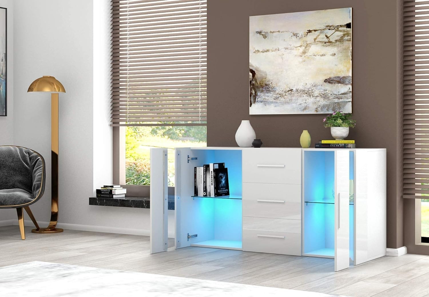 RGB LED Sideboard Cabinet Cupboard Storage Unit 2 Door 3 Drawer White