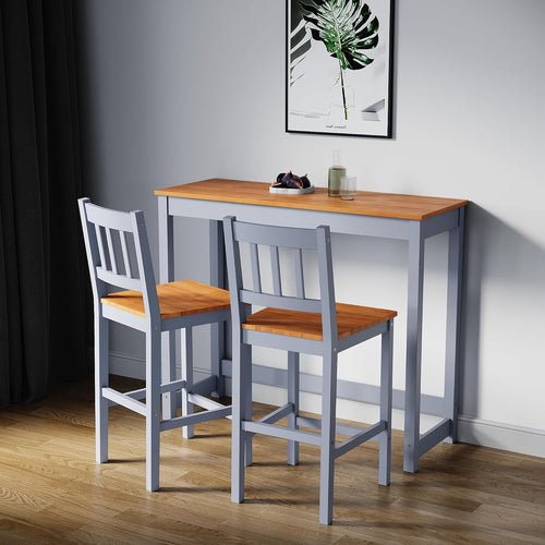 3-Piece Solid Wood Bar Table and 2 Chairs Set, Compact Dining – Honey Grey
