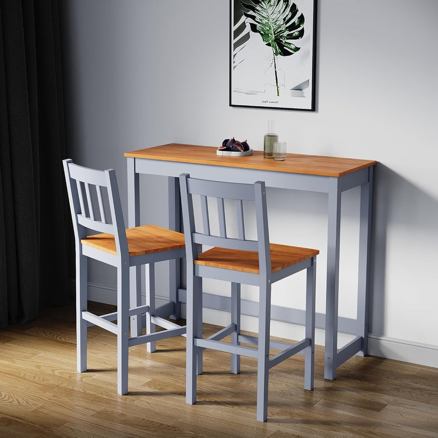 3-Piece Solid Wood Bar Table and 2 Chairs Set, Compact Dining – Honey Grey