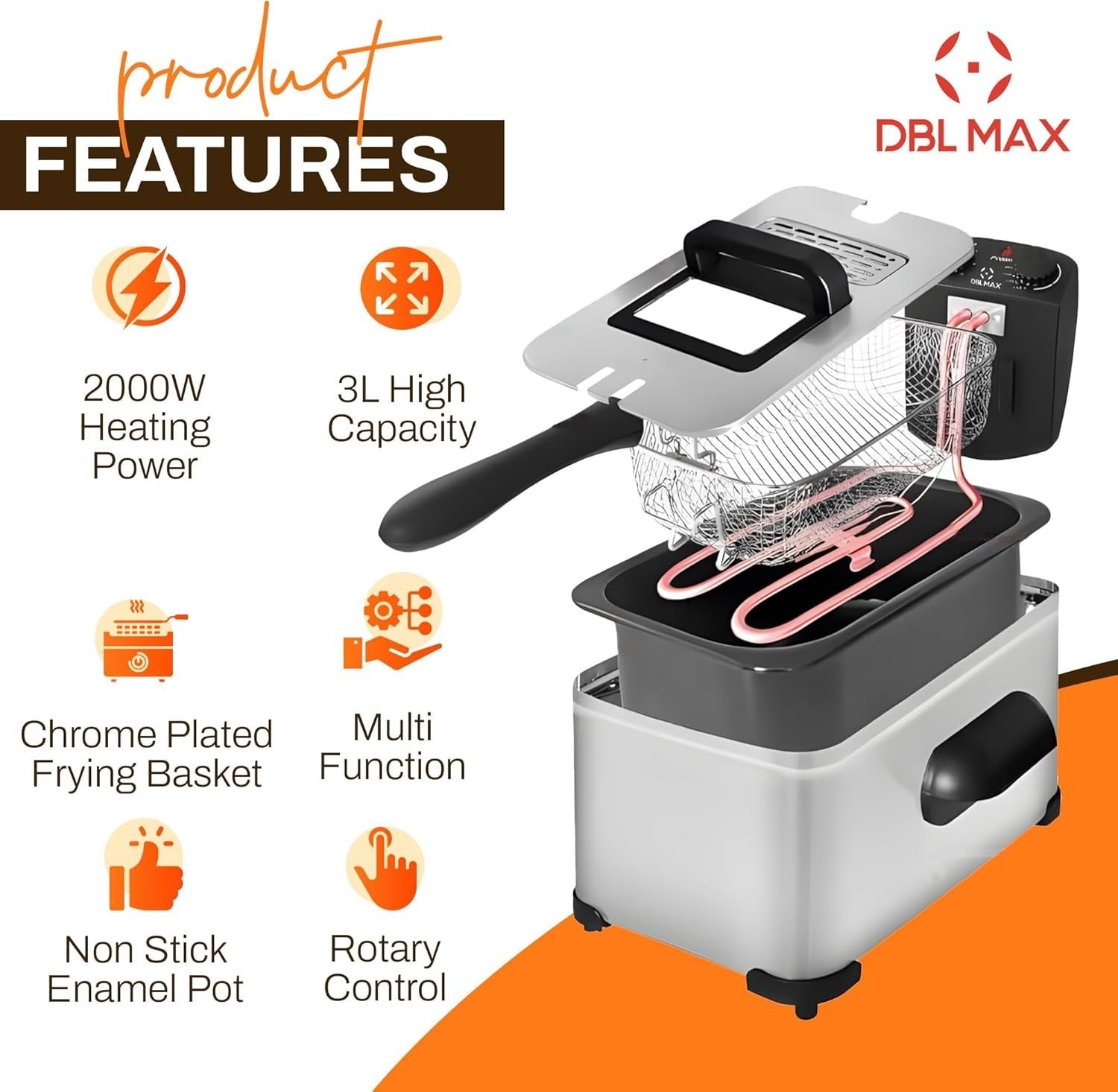 3L Electric Deep Fat Fryer Stainless Steel Adjustable Temp Viewing Window