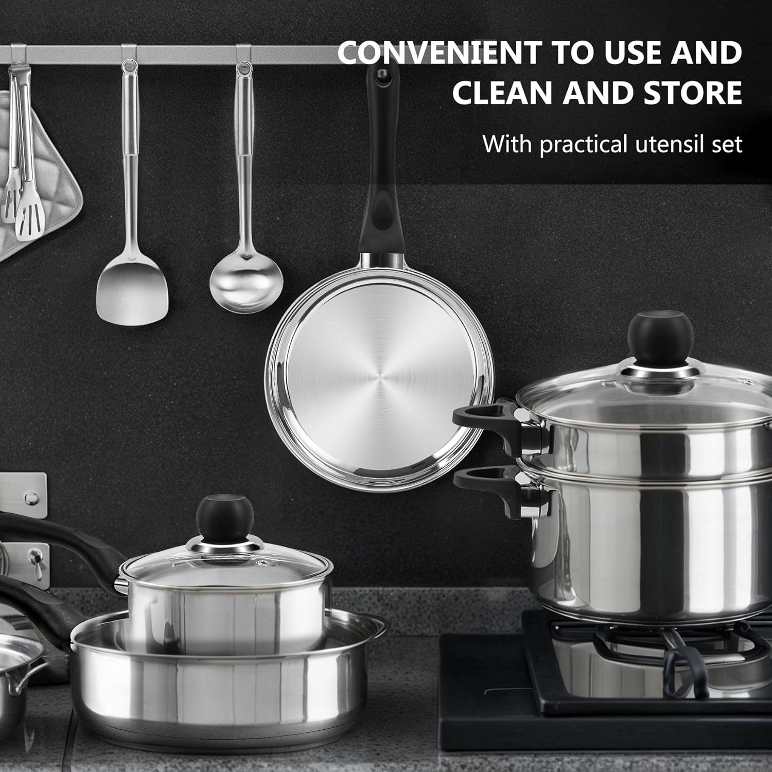 12pcs Stainless Steel Cookware Set with Lids & Utensils Induction Safe Pots Pans