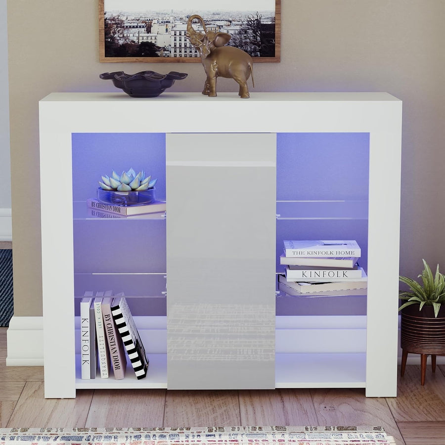 LED Sideboard Cabinet High Gloss Grey White Modern Storage Unit RGB