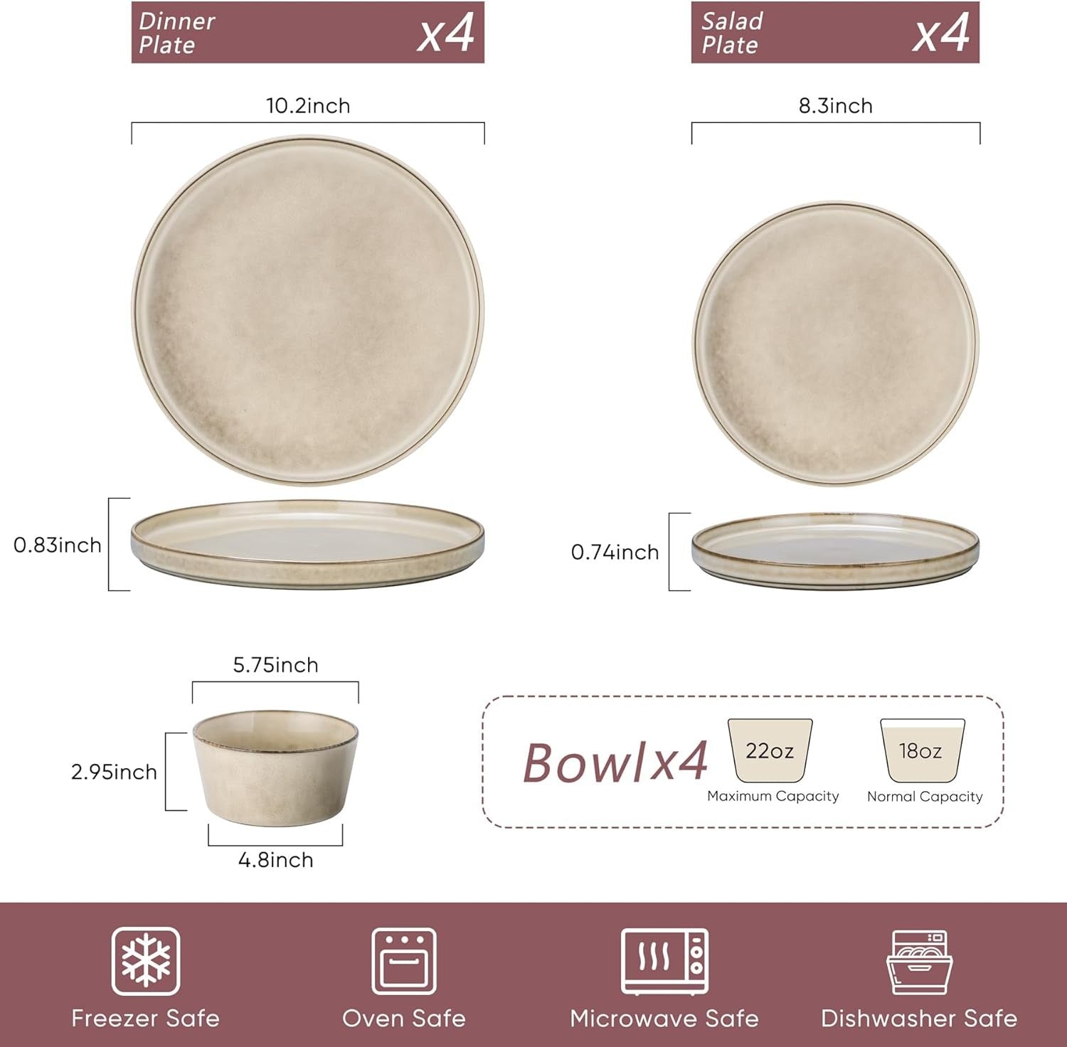 12pc Stoneware Dinner Set Plates Bowls Dishwasher Microwave Safe