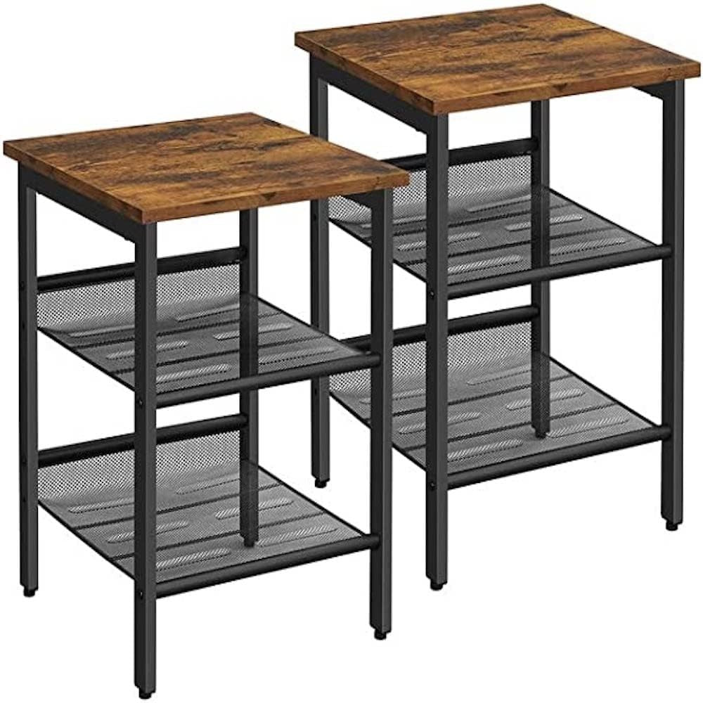 Set of 2 Industrial Bedside Tables with Shelves, Rustic Wood Side Tables