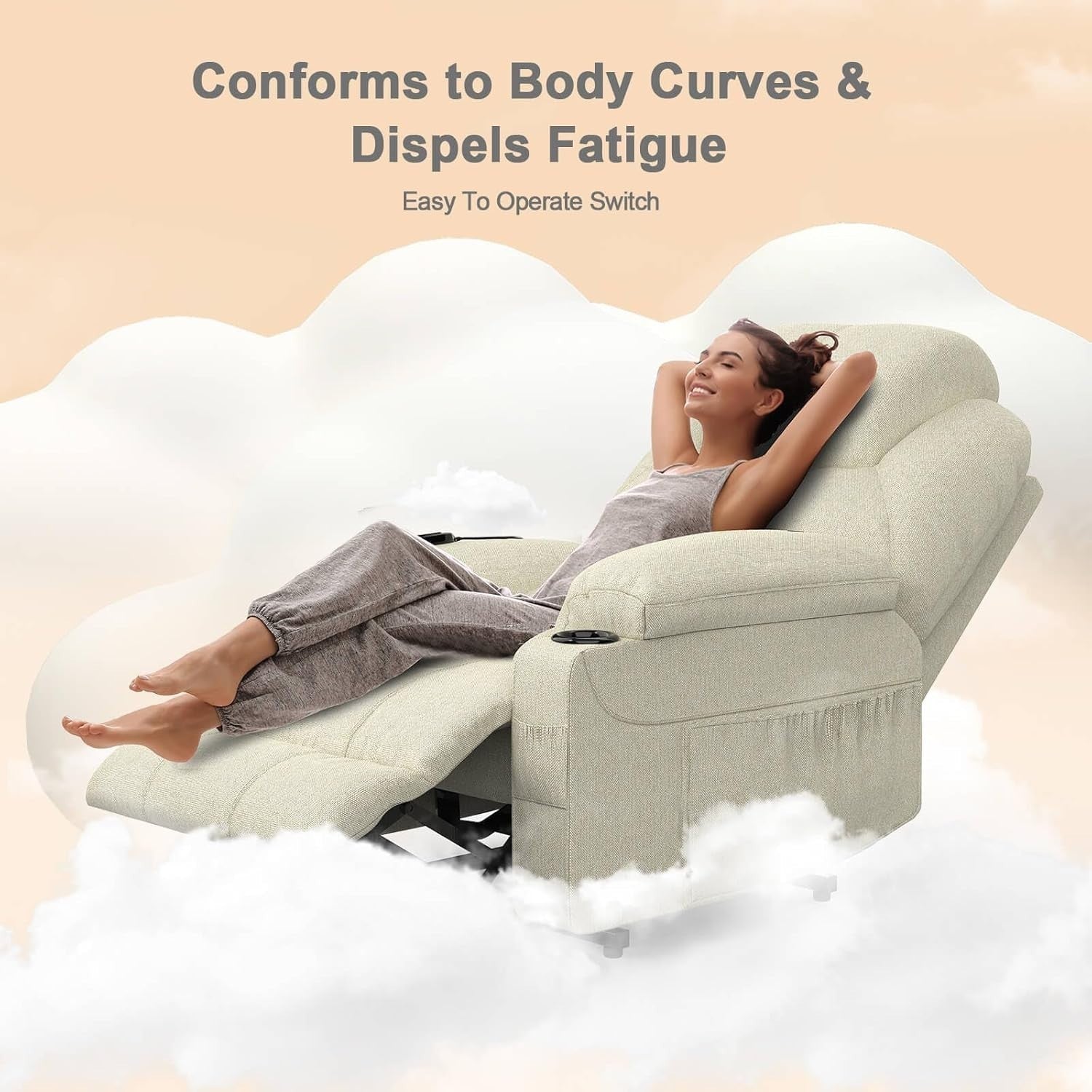 Power Lift Recliner Chair Massage Heat USB Type-C Cup Holders Fabric Beige