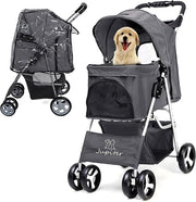 Grey Foldable Dog Stroller with Rain Cover Pet Pushchair for Small Medium Dogs