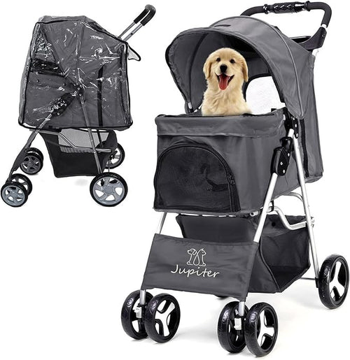 Grey Foldable Dog Stroller with Rain Cover Pet Pushchair for Small Medium Dogs