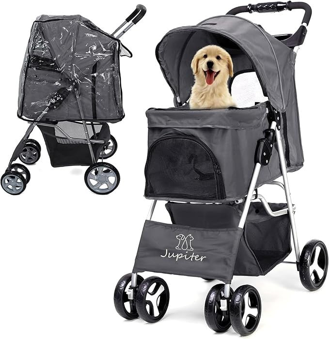 Grey Foldable Dog Stroller with Rain Cover Pet Pushchair for Small Medium Dogs