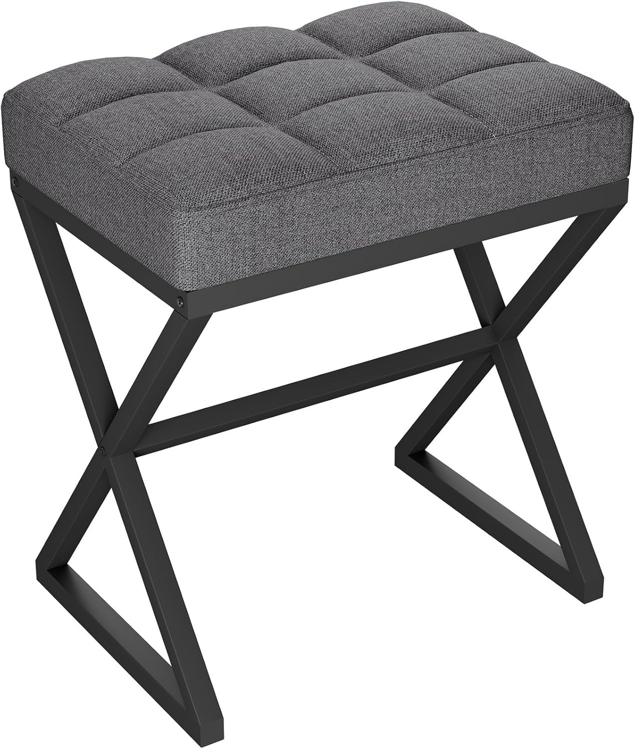 Grey Linen Vanity Stool with X-Shaped Metal Legs Footrest Bench 40×30×46cm
