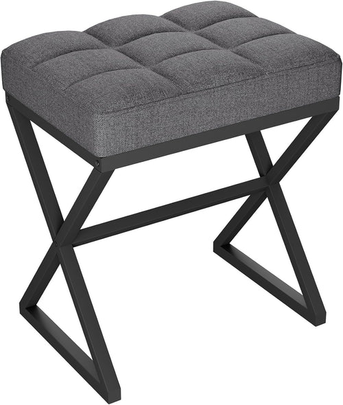 Grey Linen Vanity Stool with X-Shaped Metal Legs Footrest Bench 40×30×46cm