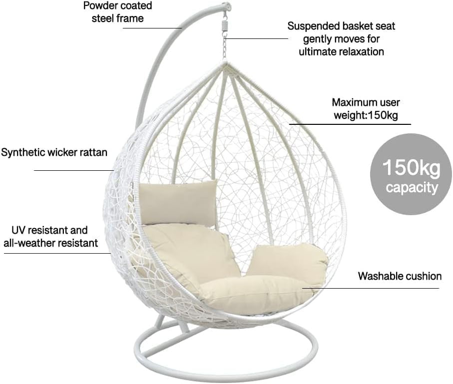 White Rattan Hanging Egg Chair with Stand & Cushion for Indoor Outdoor