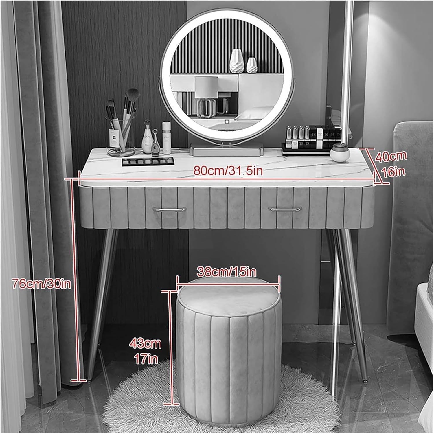 LED Vanity Makeup Dressing Table Desk Orange Mirror 2 Drawers Stool Set