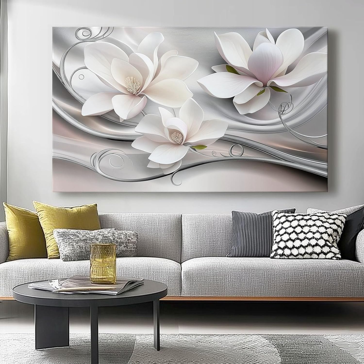 Large White Grey Floral Canvas Wall Art Modern Print 60x40cm