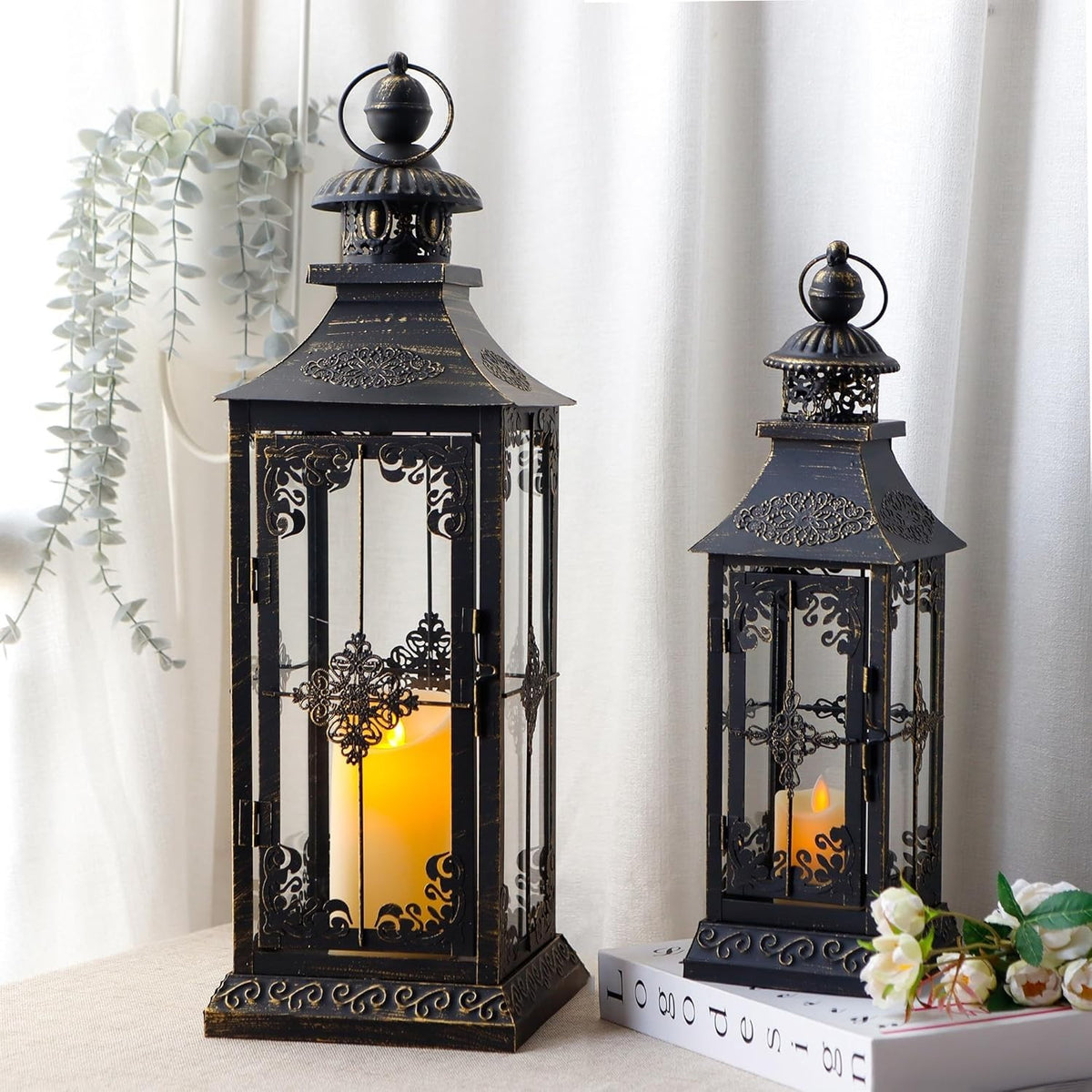 2 Pack Black Vintage Metal Candle Lanterns Indoor Outdoor