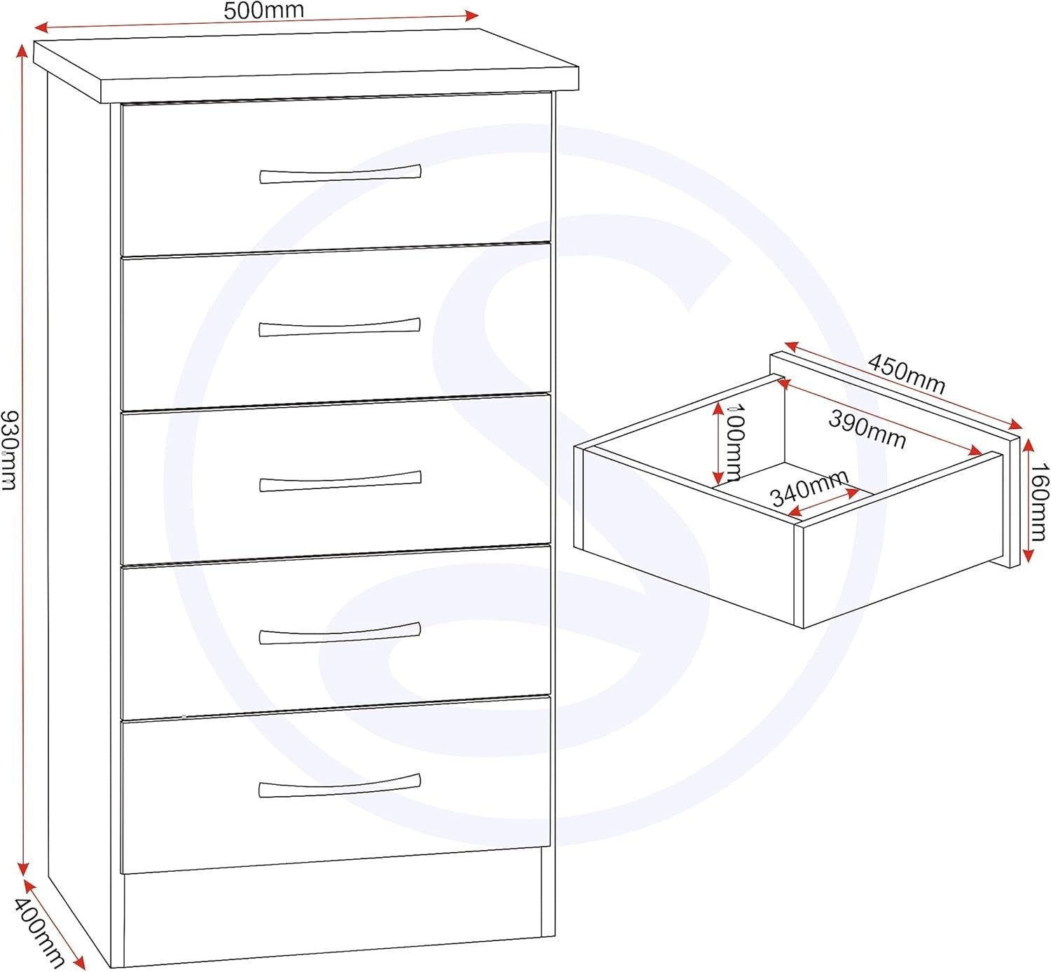 Space-Saving 5 Drawer Chest Narrow Wood Grain Storage Organizer for Home