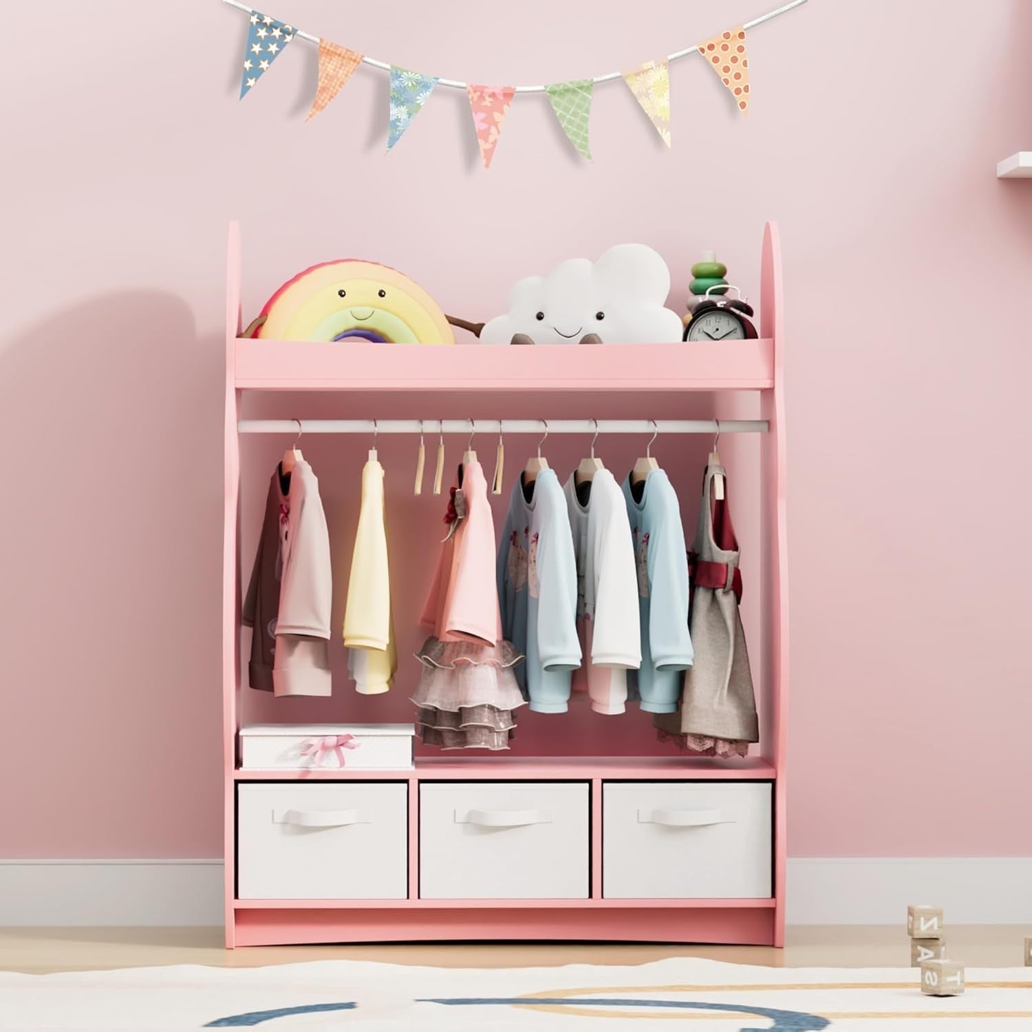 Kids Wardrobe with Mirror, 3 Drawers & Hanging Rail, Pink Cloud Design