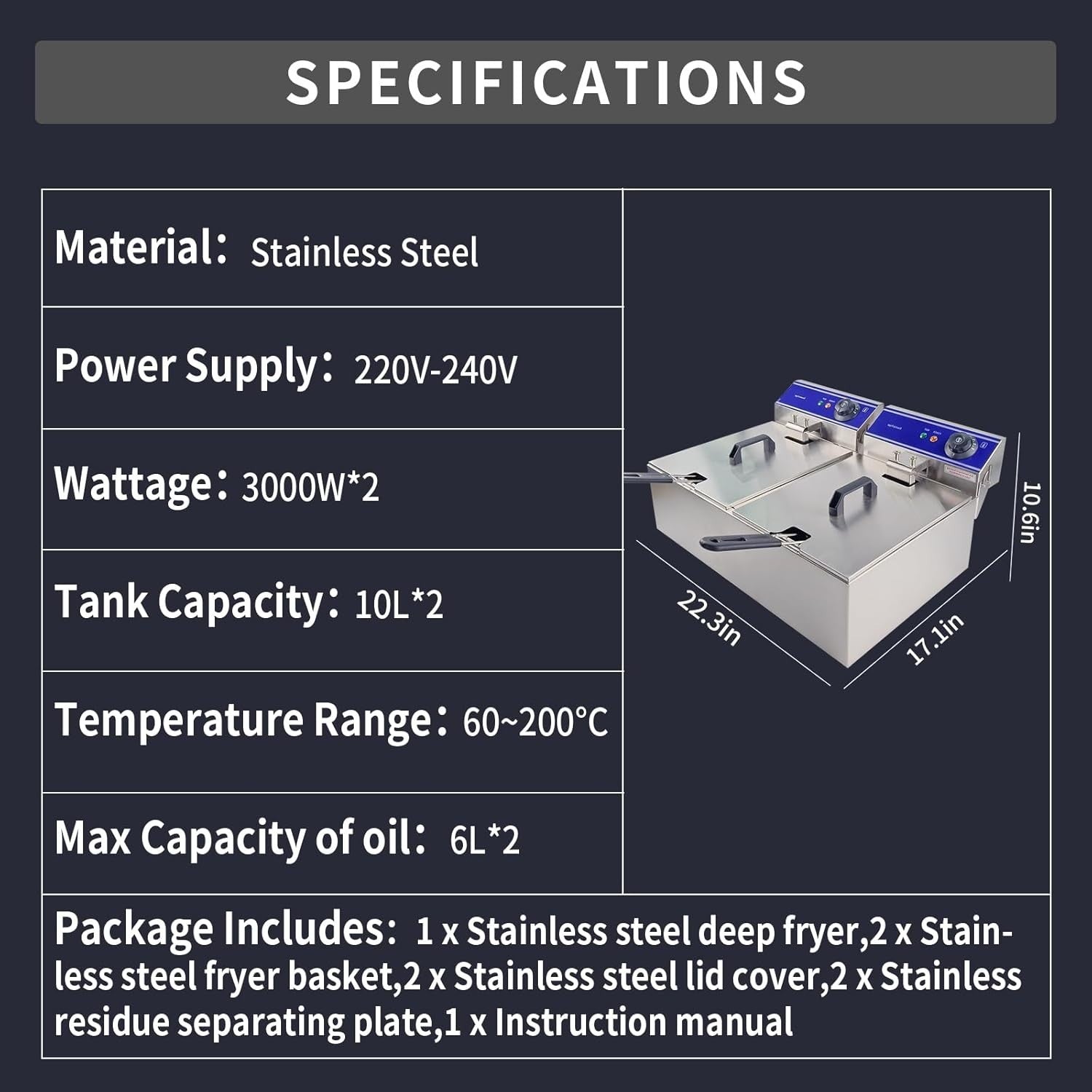 20L Double Deep Fat Fryer 6000W Stainless Steel Commercial Countertop