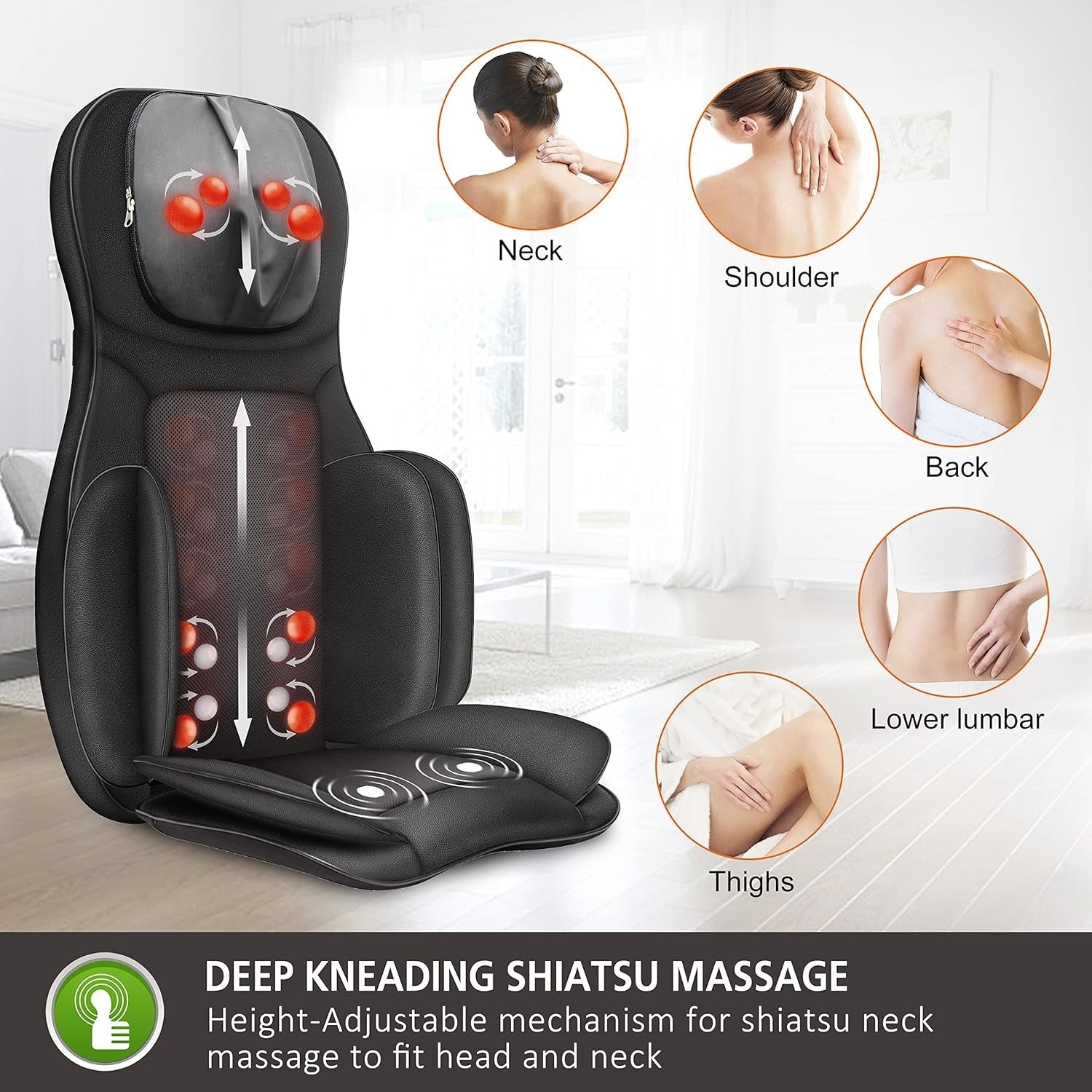 Shiatsu Heated Back Neck Massage Chair Pad with Compression & Remote