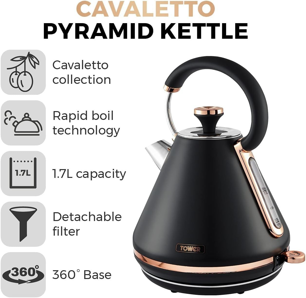3000W Black Rose Gold Kettle 1.7L Rapid Boil Cordless Modern Pyramid