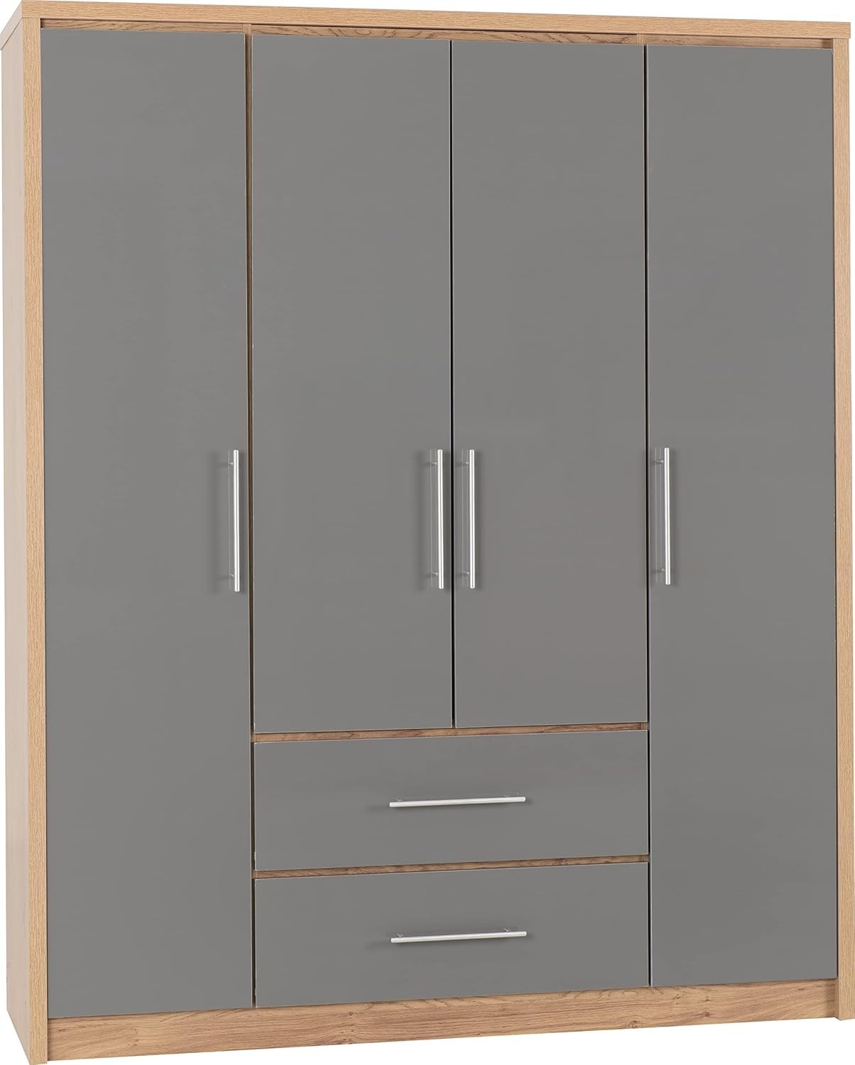 Grey Gloss 4 Door Wardrobe with 2 Drawers – Spacious Bedroom Storage Unit