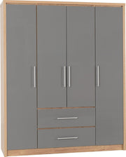 Grey Gloss 4 Door Wardrobe with 2 Drawers – Spacious Bedroom Storage Unit