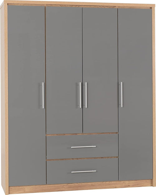 Grey Gloss 4 Door Wardrobe with 2 Drawers – Spacious Bedroom Storage Unit