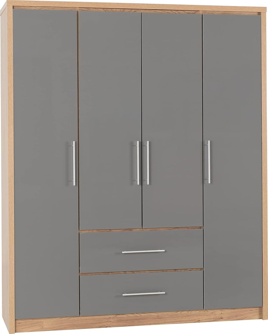 Grey Gloss 4 Door Wardrobe with 2 Drawers – Spacious Bedroom Storage Unit