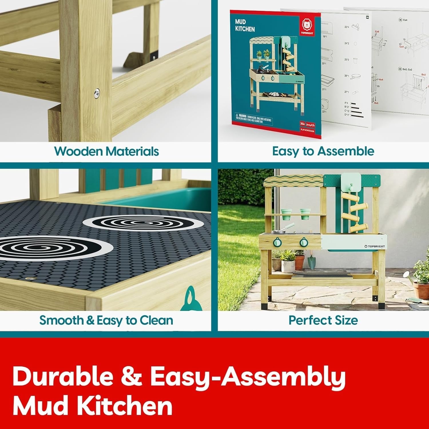 Outdoor Mud Kitchen for Kids Wooden Playset w/ Sink Faucet
