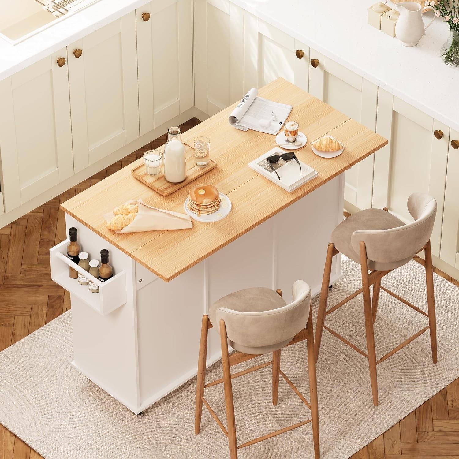 Rolling Kitchen Island Cart with Drop-Leaf, Trash Storage & Spice Rack, 120x40x8