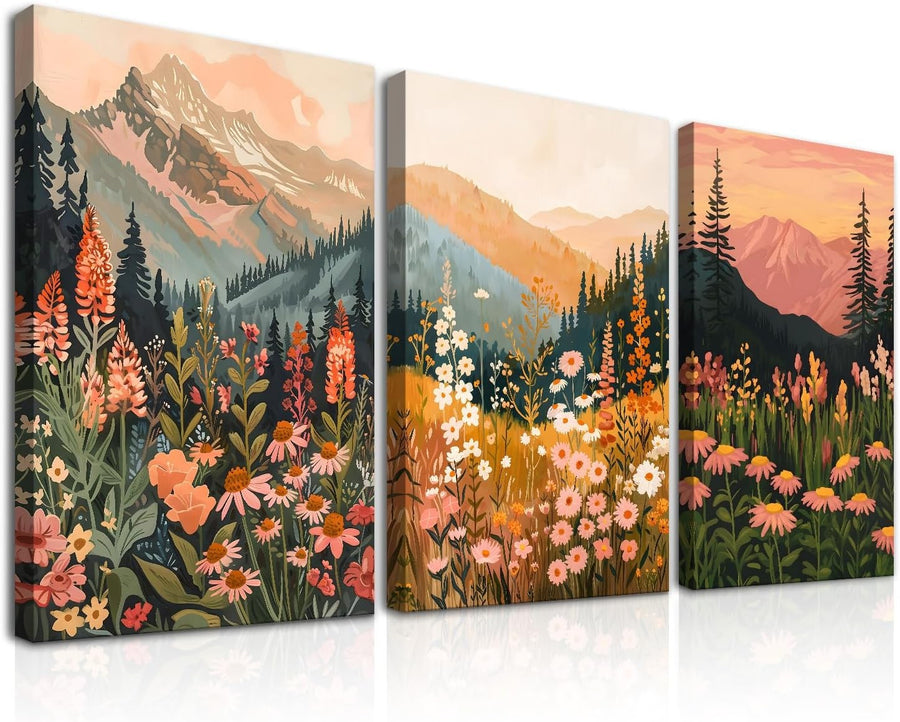 3‑Piece Boho Mountain & Wildflower Framed Wall Art 12×16″ Prints