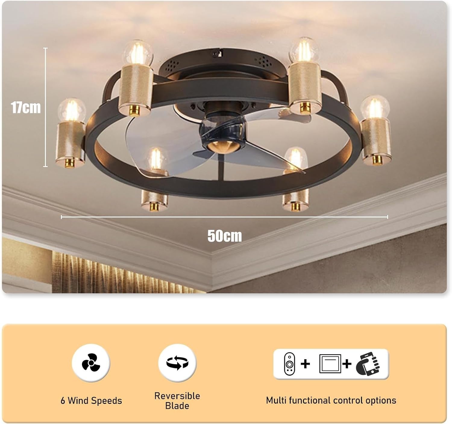 ZHXINASHU Retro 3-Blade Ceiling Fan with Light & Remote, Gold, E27