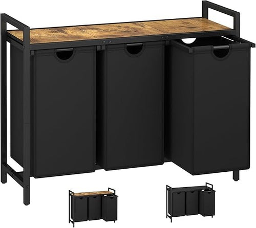 Rustic Brown 3 Section Laundry Hamper with Removable Bags & Wood Top Shelf