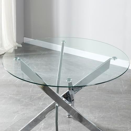 100cm Round Glass Dining Table with Silver Chrome Legs Kitchen Table