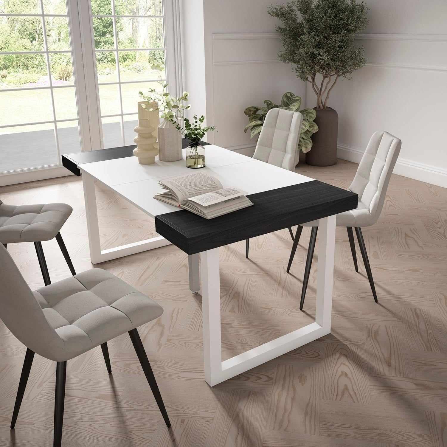 Extendable Folding Dining Table for 8 with Solid Wood Legs, White & Black