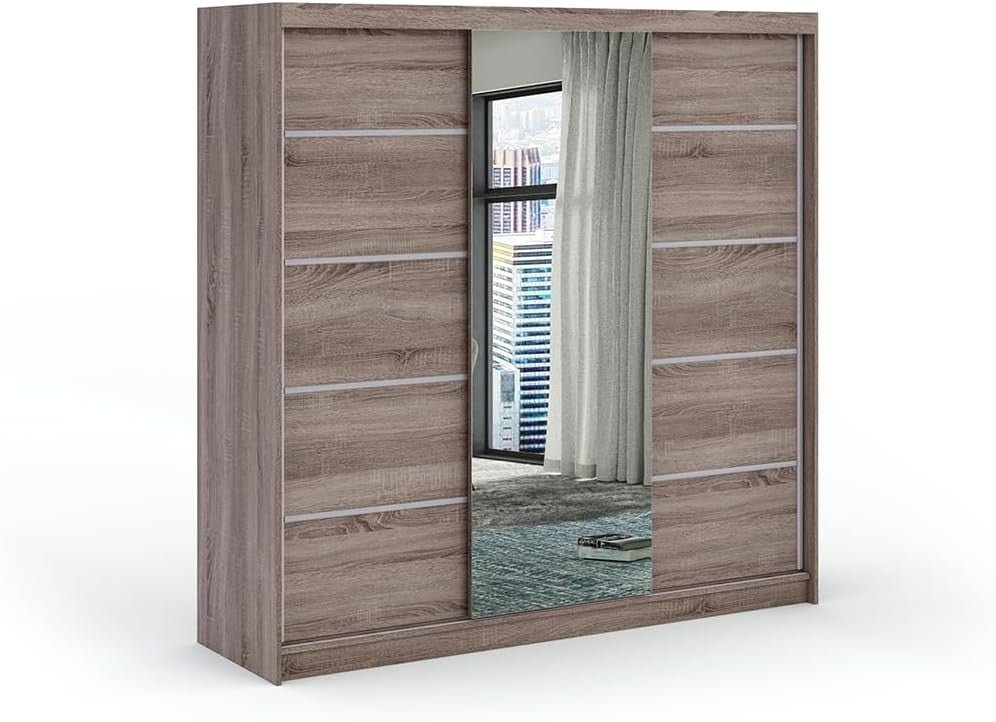 Modern Sliding Door Wardrobe with Mirror, 200cm, 8 Drawers, Floor Mount