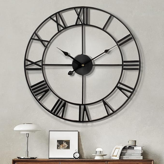 60cm Large Roman Numeral Wall Clock Metal Silent Non-Ticking Vintage Decor