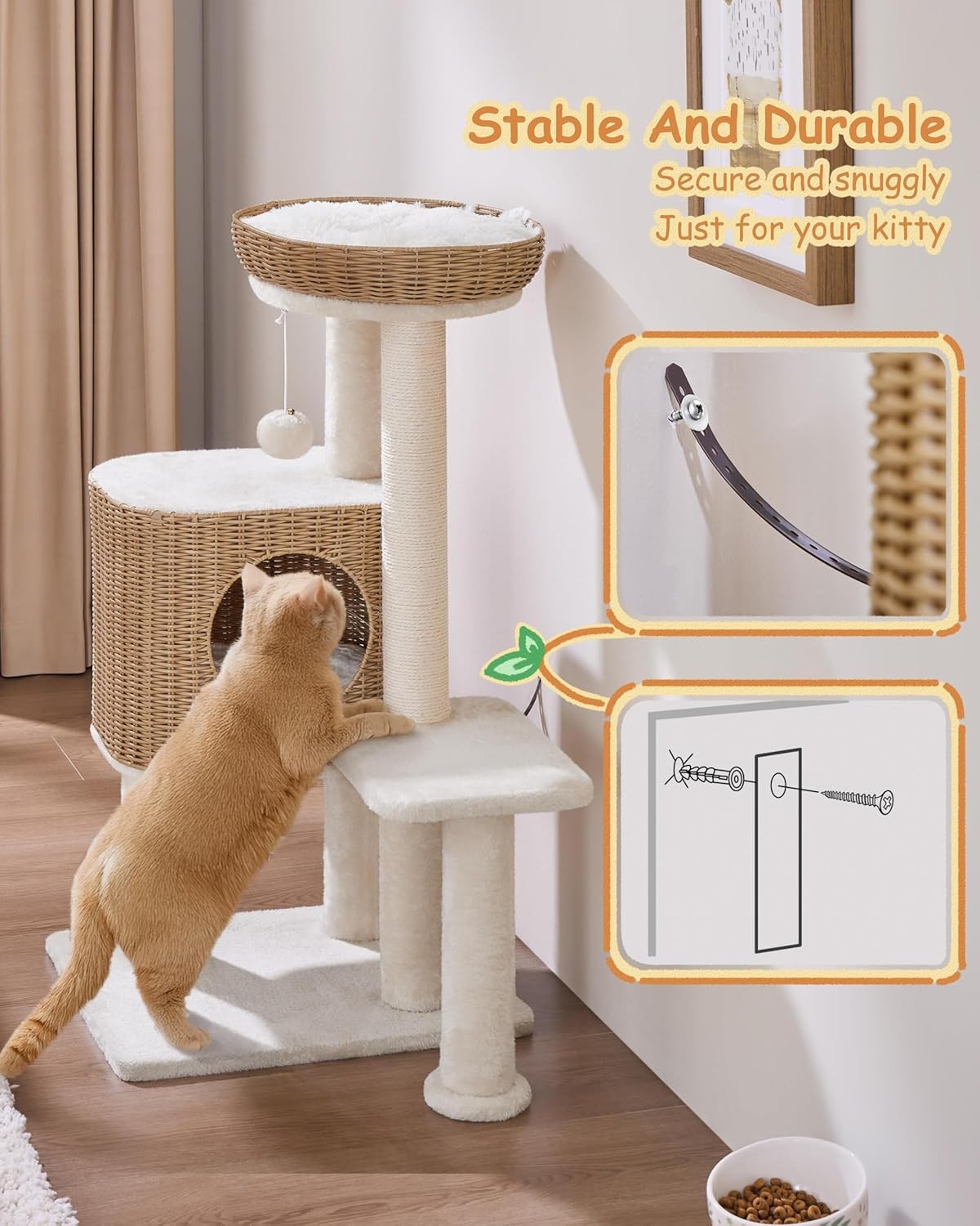 91cm Rattan Cat Tree Tower Wicker Bed Scratching Post Washable Cushion