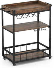 Industrial 3 Tier Bar Cart Wine Rack Glass Holder Trolley