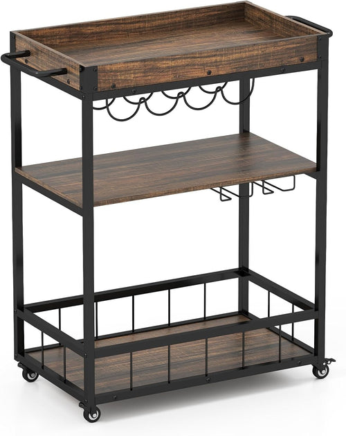 Industrial 3 Tier Bar Cart Wine Rack Glass Holder Trolley