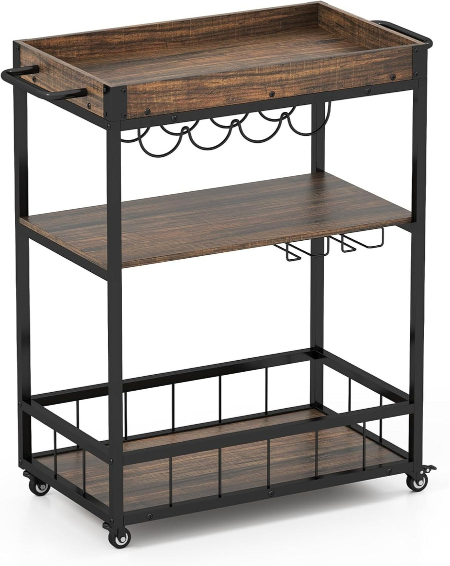 Industrial 3 Tier Bar Cart Wine Rack Glass Holder Trolley