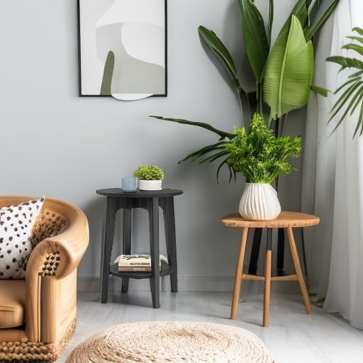 Round Black Side Table with Shelf, Small 2-Tier End Table for Living Room