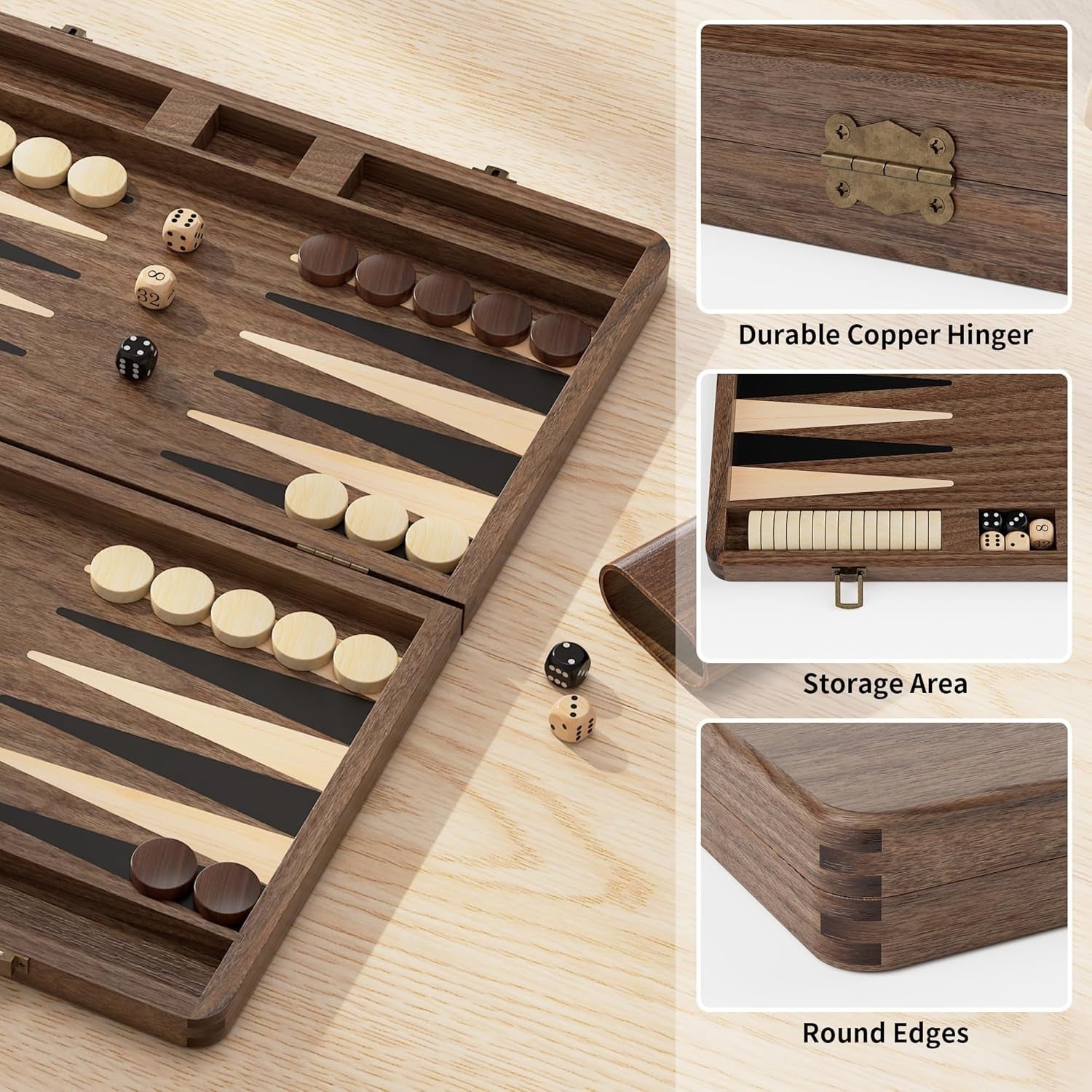 Black Walnut Backgammon Set Luxury Folding Travel Board Game with Dice