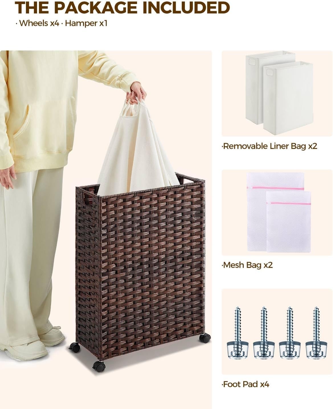 Slim Rattan Laundry Hamper on Wheels 66L with Removable Bags & Mesh Liners Brown