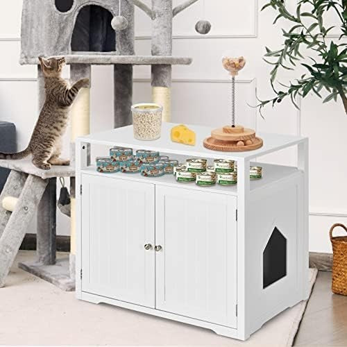 Modern Cat Litter Box Enclosure with 2 Holes, Doors & Side Table
