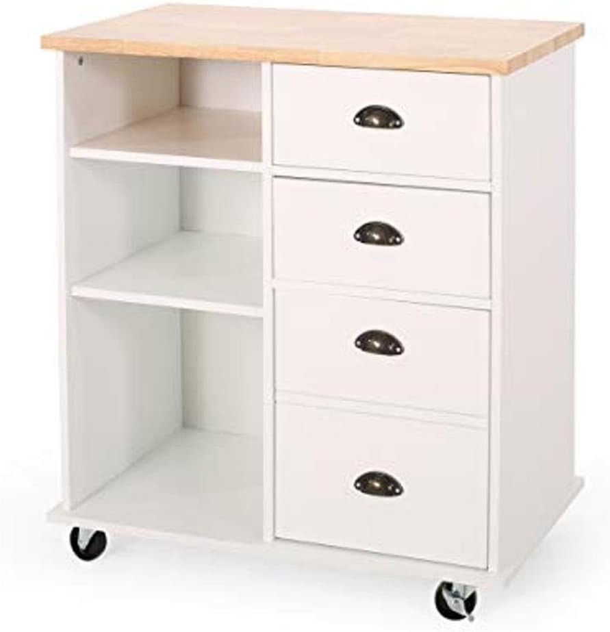 Contemporary Rolling Kitchen Cart with Rubberwood Top, Drawers & Shelves